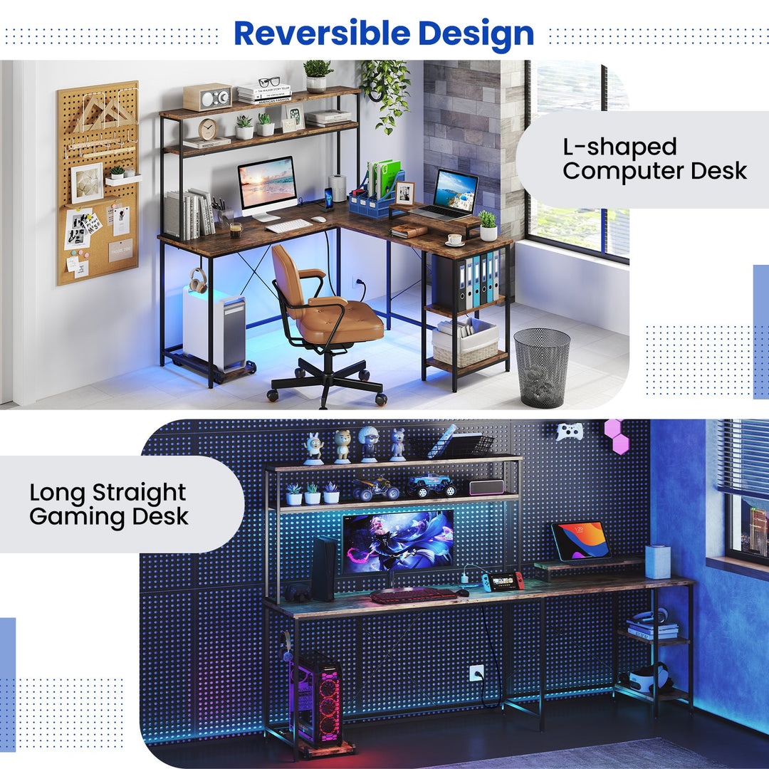 L-Shaped Reversible Gaming Desk with LED Strip and Power Outlets Hutch Monitor Stand