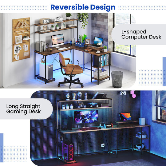 L-Shaped Reversible Gaming Desk with LED Strip and Power Outlets Hutch Monitor Stand