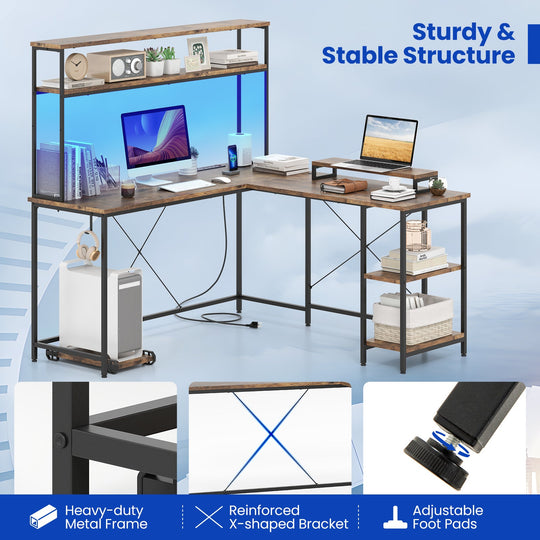 L-Shaped Reversible Gaming Desk with LED Strip and Power Outlets Hutch Monitor Stand