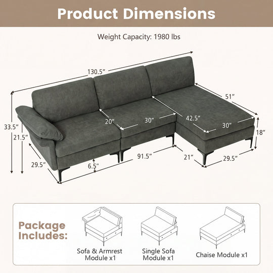 4-Seater L-Shaped Sectional Sofa with USB Charging Ports