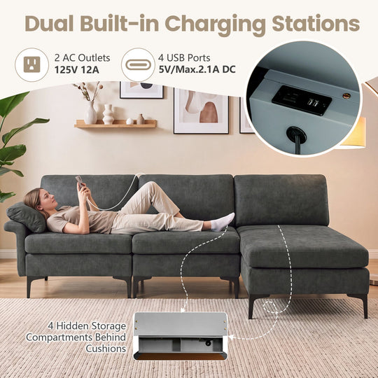 4-Seater L-Shaped Sectional Sofa with USB Charging Ports