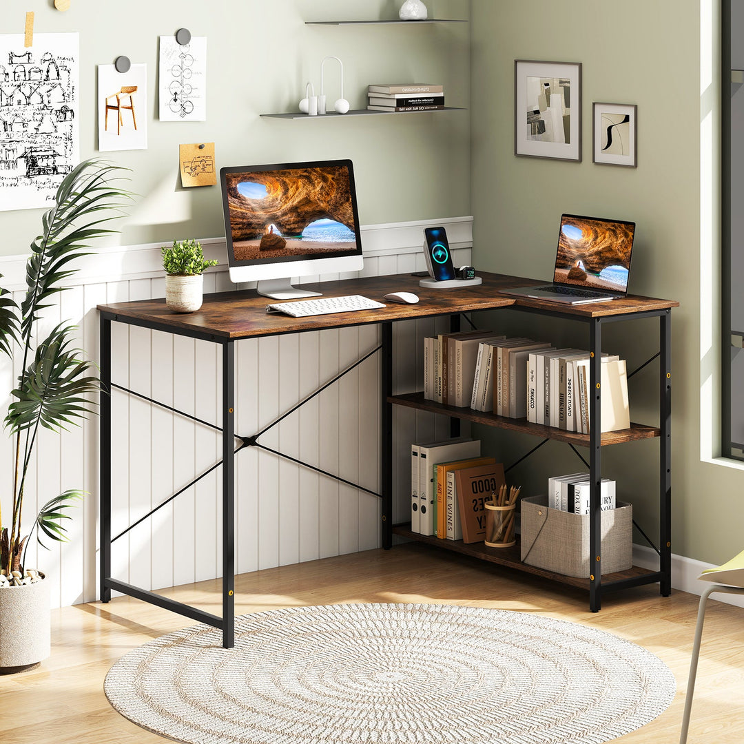 L-shaped 47 Inch Reversible Corner Desk with Adjustable Storage Shelves