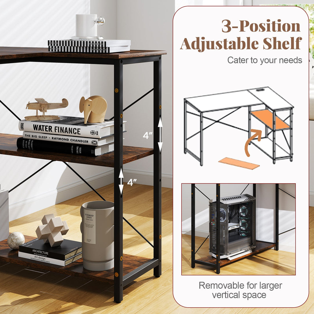 L-shaped 47 Inch Reversible Corner Desk with Adjustable Storage Shelves
