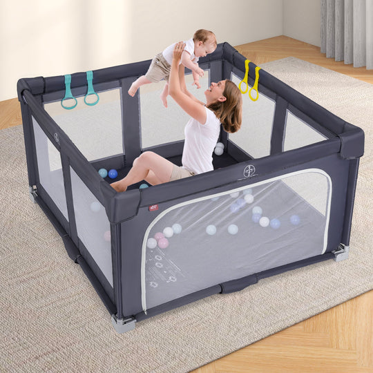 Large Baby Playpen BPA-Free Foldable Toddlers Safety Fence Play Yard-Dark Grey