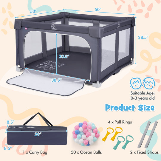 Large Baby Playpen BPA-Free Foldable Toddlers Safety Fence Play Yard-Dark Grey