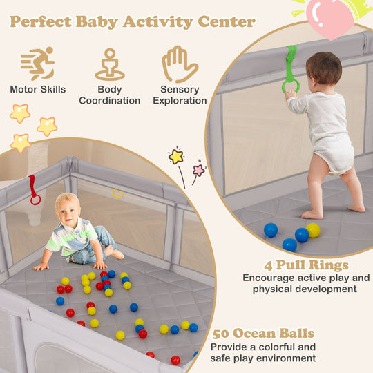 Large Baby Playpen with Pull Rings and Ocean Balls-Gray