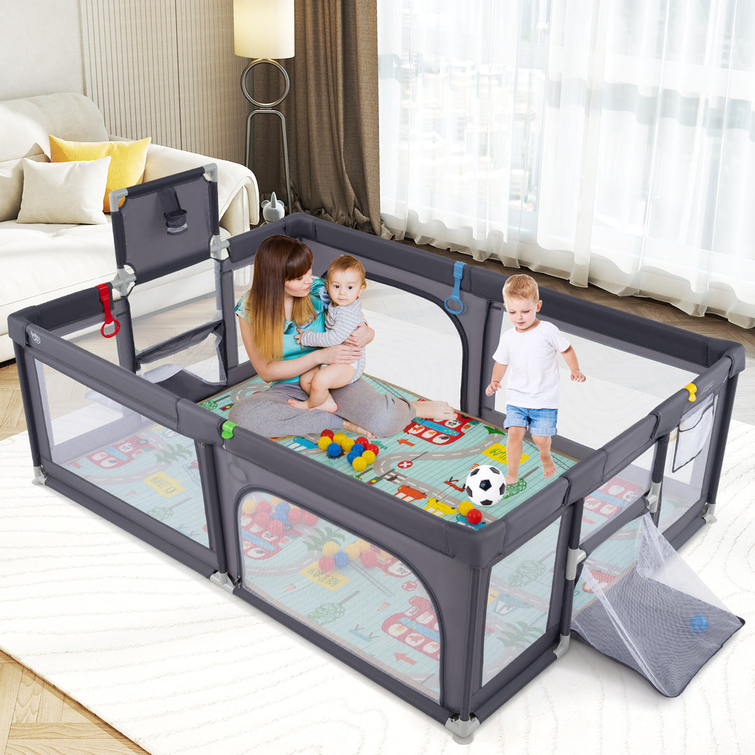 Large Baby Playpen with Mat and Ocean Balls-Dark gray