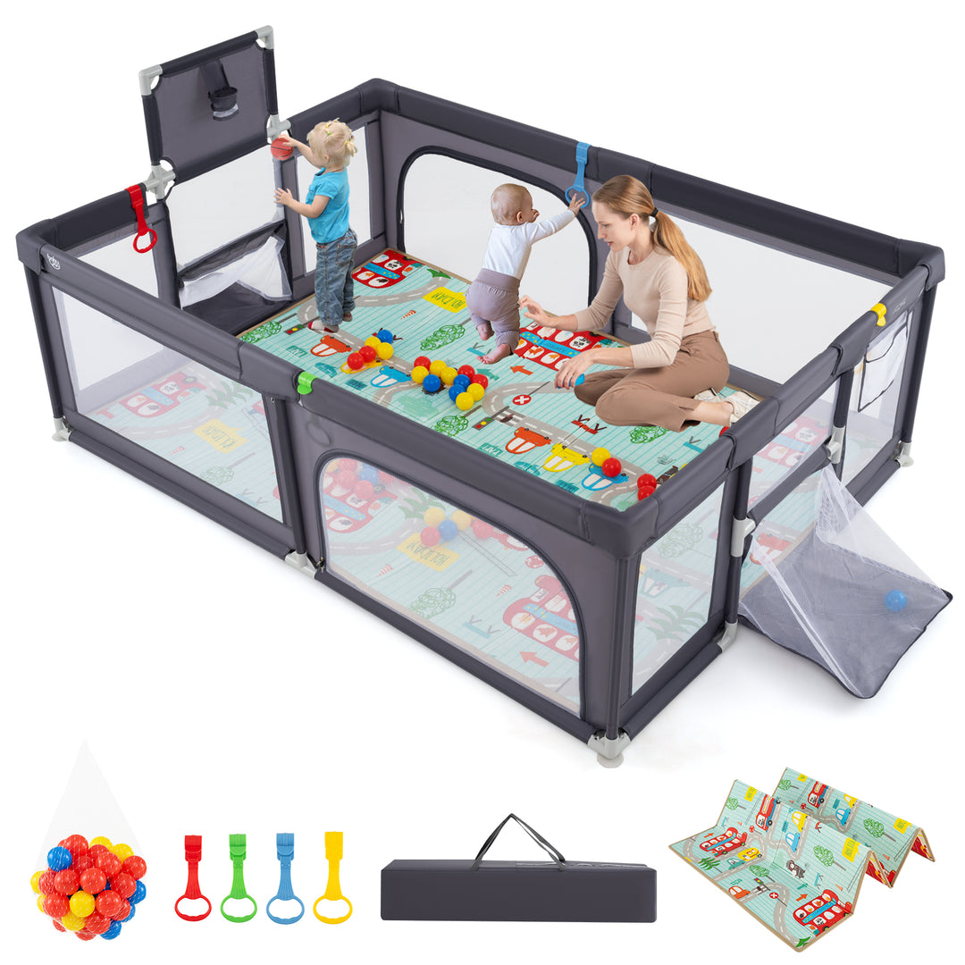 Large Baby Playpen with Mat and Ocean Balls-Dark gray
