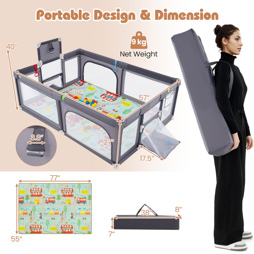 Large Baby Playpen with Mat and Ocean Balls-Dark gray