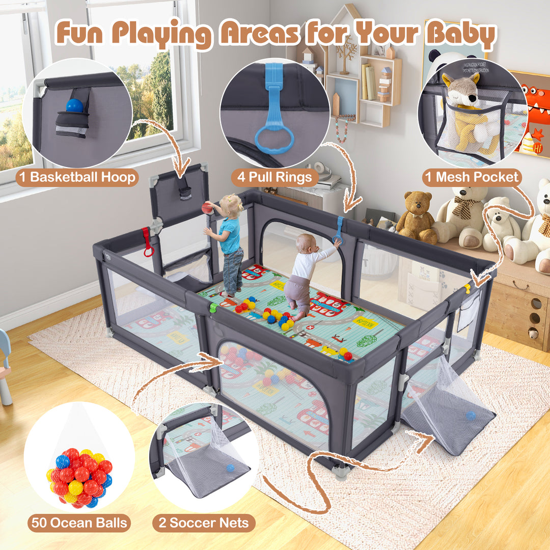 Large Baby Playpen with Mat and Ocean Balls-Dark gray