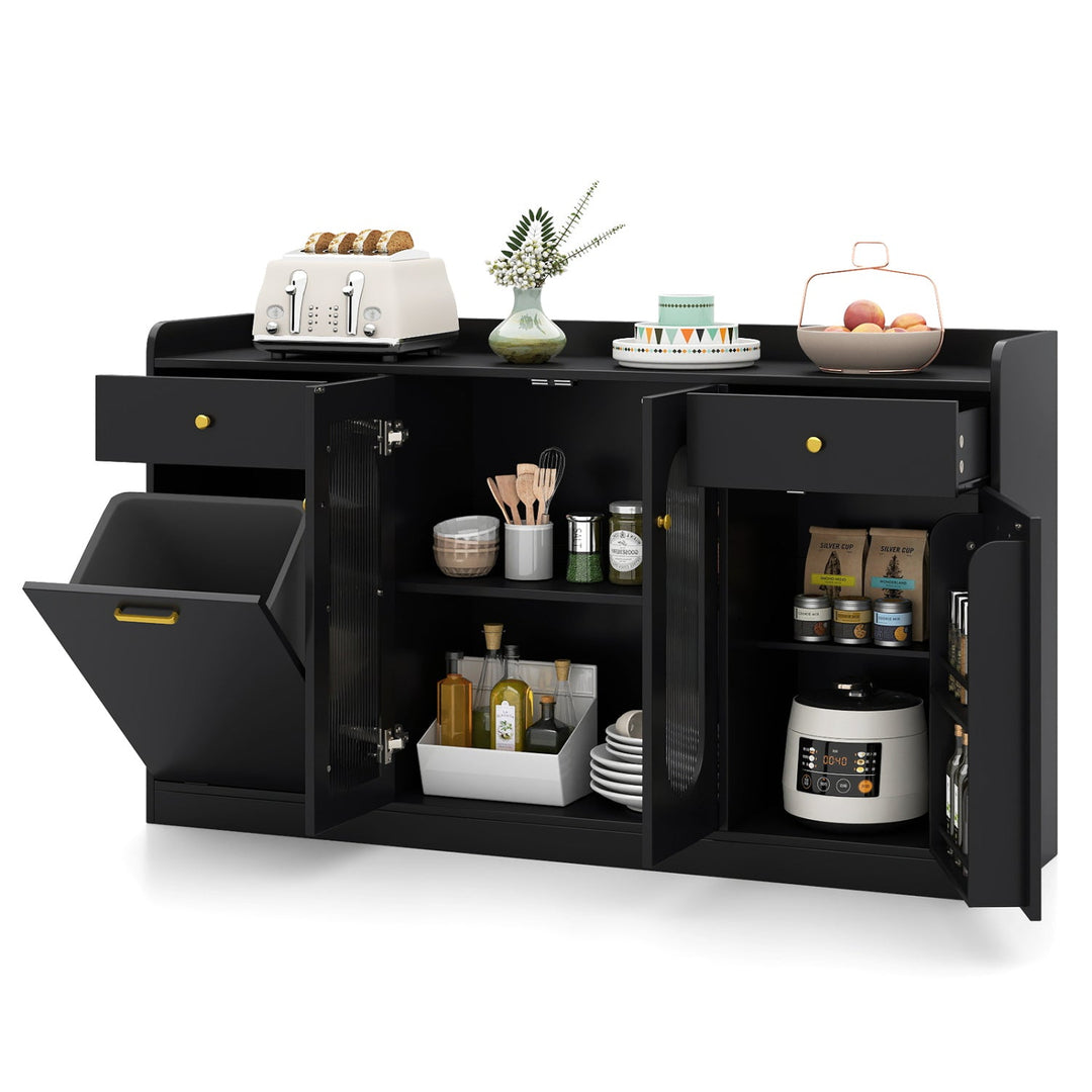 Large Buffet Cabinet Hidden Tilt Out Trash Can Cabinet with 2 Glass Doors
