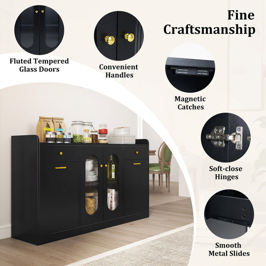 Large Buffet Cabinet Hidden Tilt Out Trash Can Cabinet with 2 Glass Doors