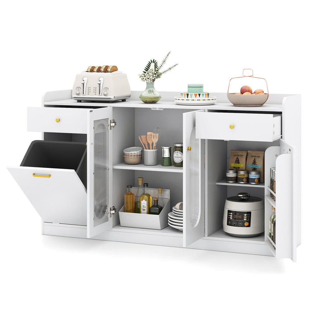 Large Buffet Cabinet Hidden Tilt Out Trash Can Cabinet with 2 Glass Doors