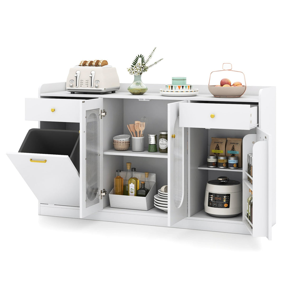 Large Buffet Cabinet Hidden Tilt Out Trash Can Cabinet with 2 Glass Doors