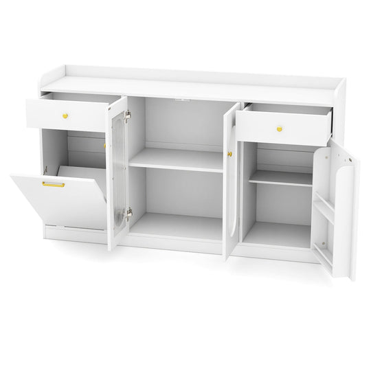 Large Buffet Cabinet Hidden Tilt Out Trash Can Cabinet with 2 Glass Doors