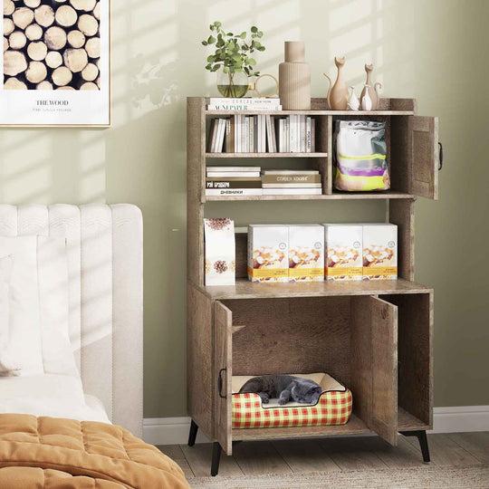 Large Cat Litter Box Enclosure with Display Storage Shelves-Oak