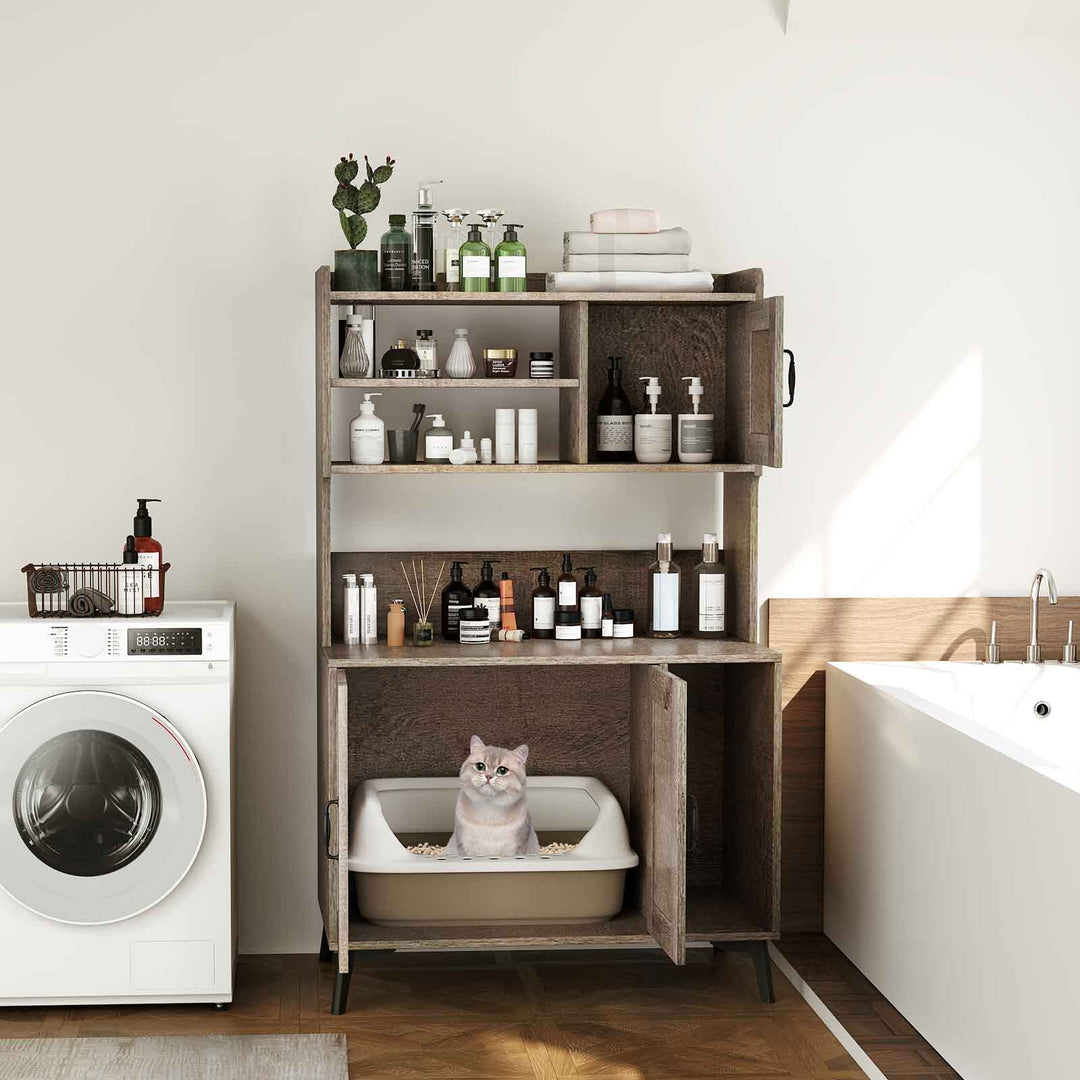 Large Cat Litter Box Enclosure with Display Storage Shelves-Oak