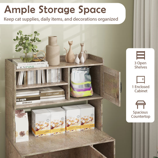 Large Cat Litter Box Enclosure with Display Storage Shelves-Oak