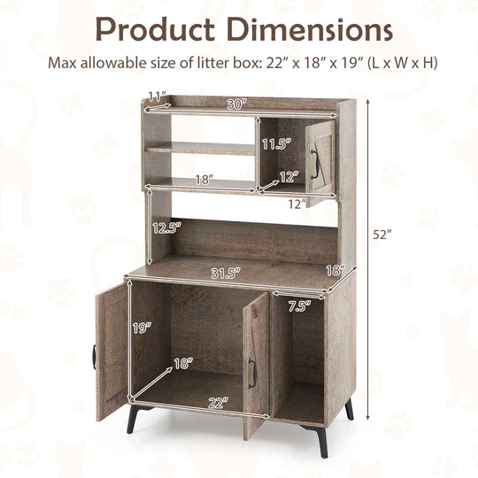 Large Cat Litter Box Enclosure with Display Storage Shelves-Oak