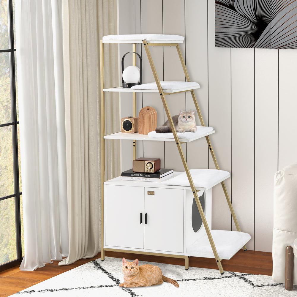 Large Cat Litter Box Enclosure with Storage and Ladder Shelf-White