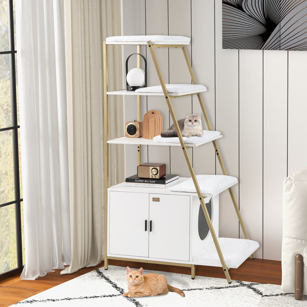 Large Cat Litter Box Enclosure with Storage and Ladder Shelf-White