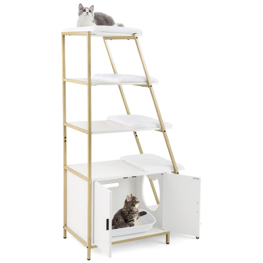 Large Cat Litter Box Enclosure with Storage and Ladder Shelf-White