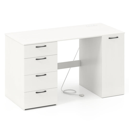 53 Inches Computer Desk with Power Outlets and 4 Storage Drawers