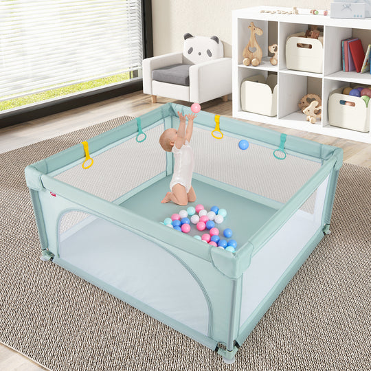 Large Kids Activity Center Baby Playpen for Toddlers with 4 Pull Rings-Blue