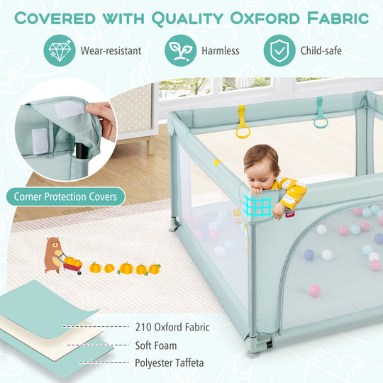 Large Kids Activity Center Baby Playpen for Toddlers with 4 Pull Rings-Blue