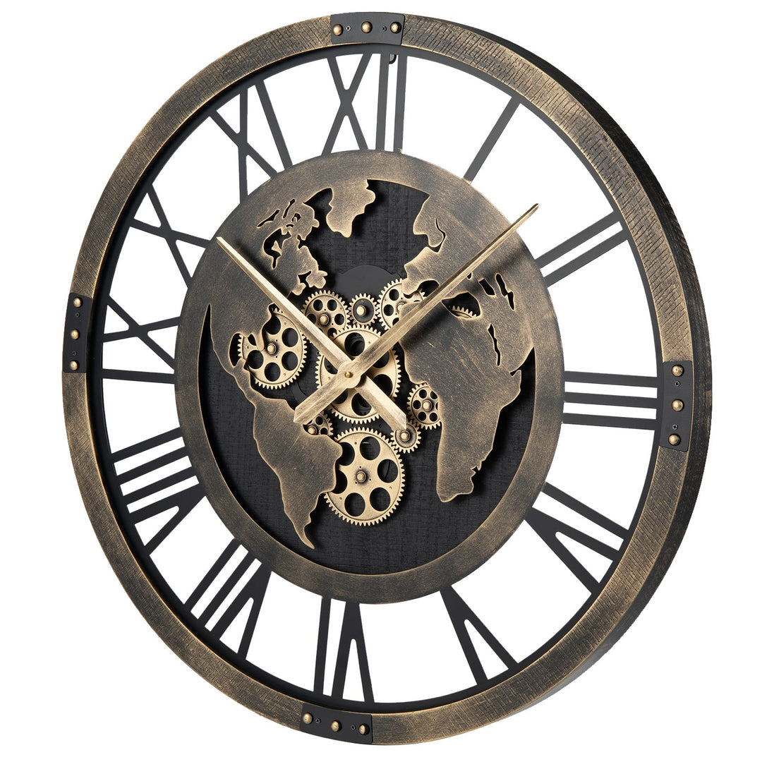 Large Wall Clock 27" Gear Clock with World Map-Brown