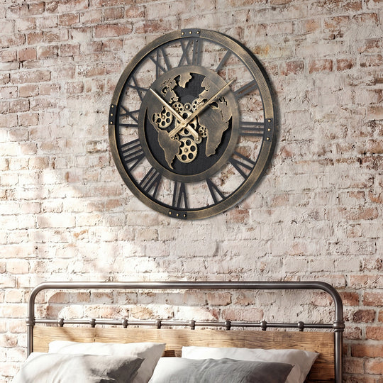 Large Wall Clock 27" Gear Clock with World Map-Brown