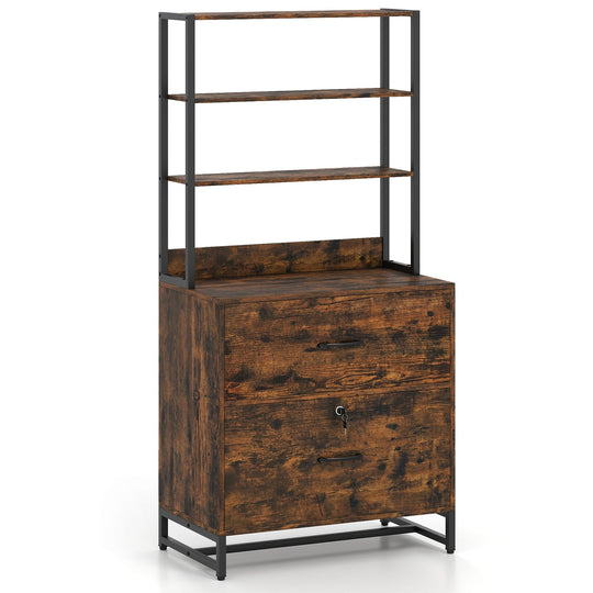 Letter Size Lateral File Cabinet with Lock and Bookshelf-Rustic Brown