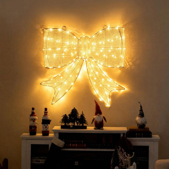 Lighted Christmas Bow Decoration with Warm White LED Lights-Golden