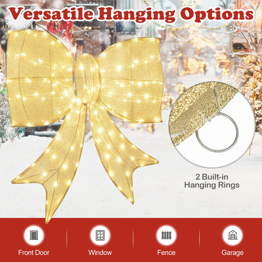 Lighted Christmas Bow Decoration with Warm White LED Lights-Golden