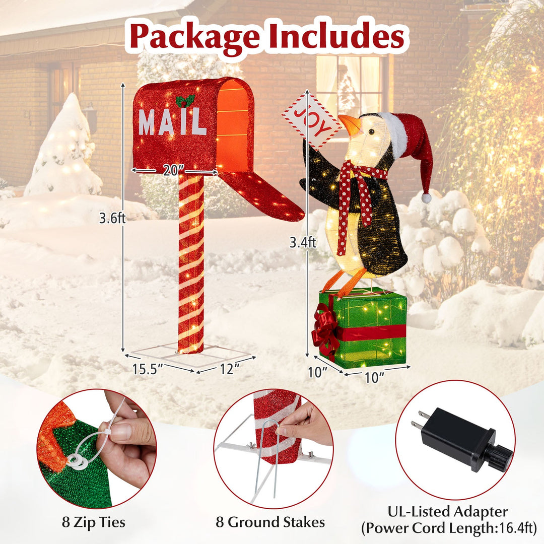 Lighted Christmas Decoration Mailbox and Penguin 3D Pre-Lit Xmas Holiday Decoration