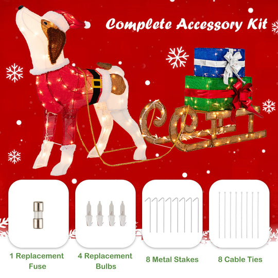 Outdoor Pre-lit Xmas Dog and Sleigh with 170 Warm Bright Lights for Porch