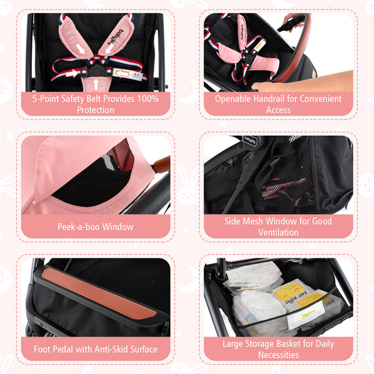 Lightweight Aluminium Frame Baby Stroller with Net-Pink