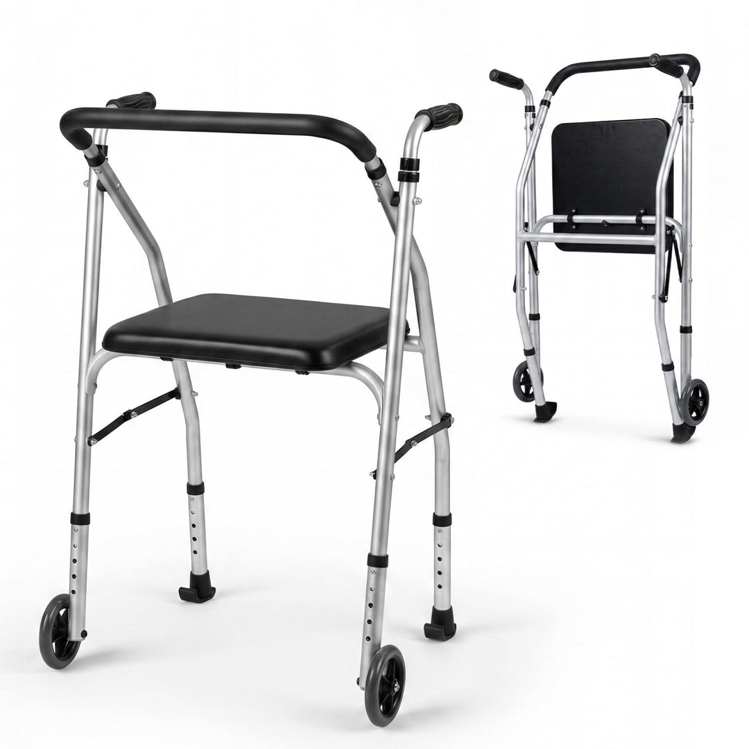 Lightweight Aluminum Mobility Walker for Seniors with 2 Wheels 5-Level Adjustable Height and Padded Seat