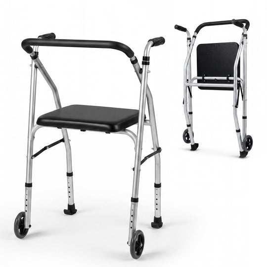 Lightweight Aluminum Mobility Walker for Seniors with 2 Wheels 5-Level Adjustable Height and Padded Seat