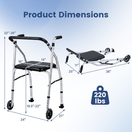 Lightweight Aluminum Mobility Walker for Seniors with 2 Wheels 5-Level Adjustable Height and Padded Seat