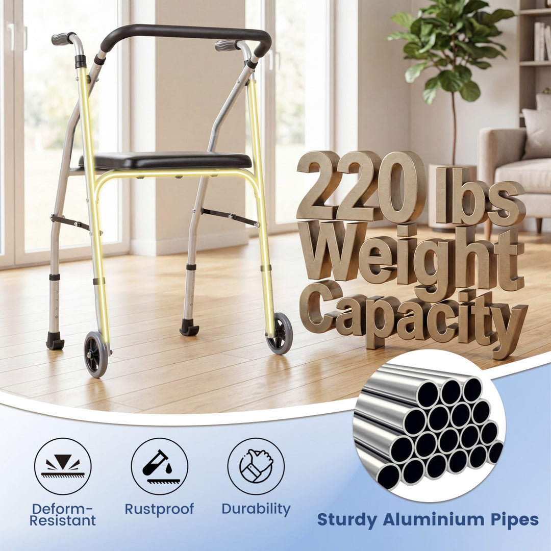 Lightweight Aluminum Mobility Walker for Seniors with 2 Wheels 5-Level Adjustable Height and Padded Seat