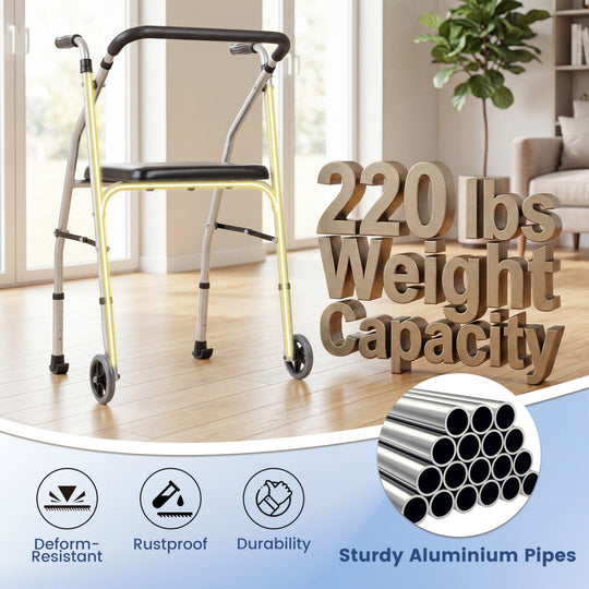 Lightweight Aluminum Mobility Walker for Seniors with 2 Wheels 5-Level Adjustable Height and Padded Seat