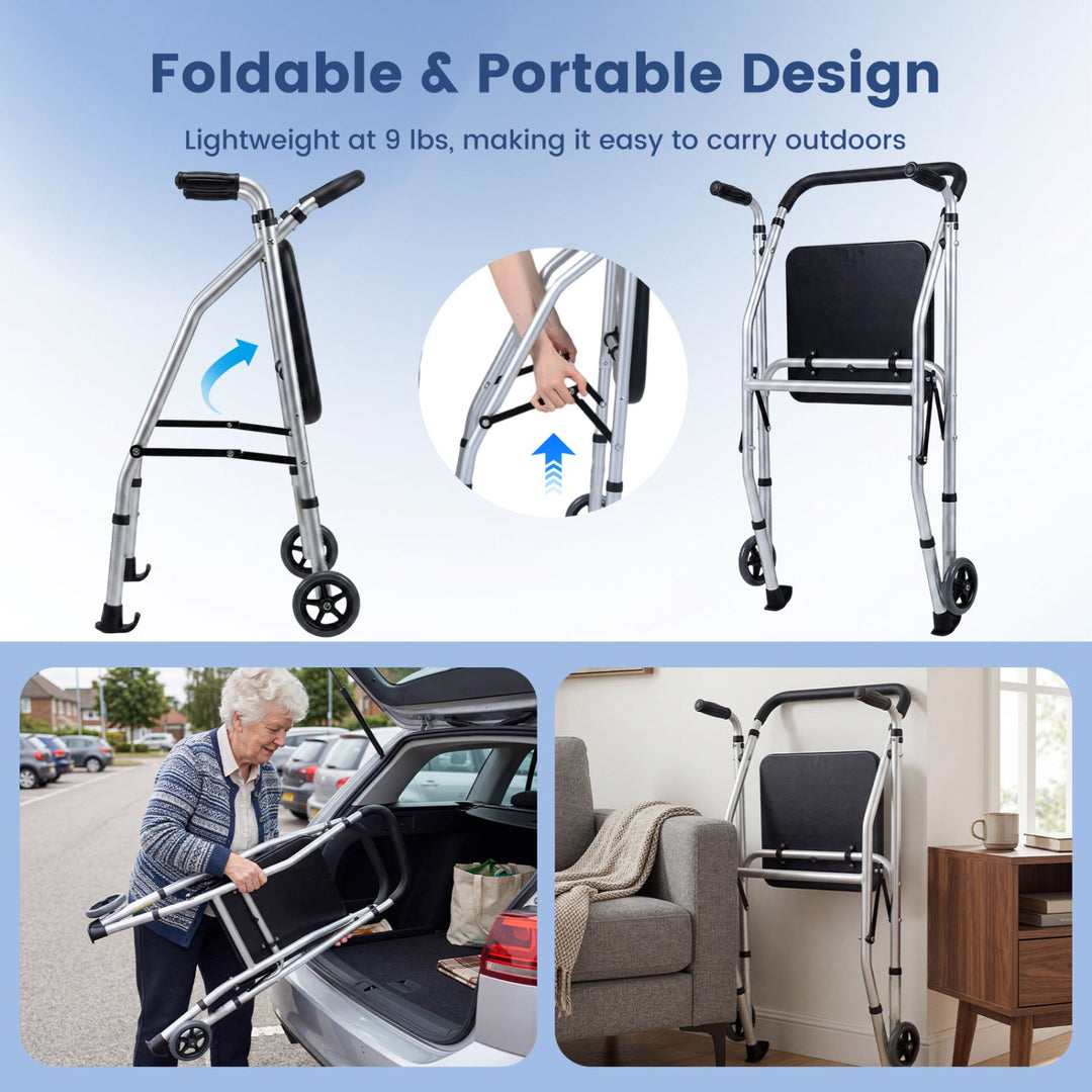 Lightweight Aluminum Mobility Walker for Seniors with 2 Wheels 5-Level Adjustable Height and Padded Seat