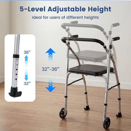 Lightweight Aluminum Mobility Walker for Seniors with 2 Wheels 5-Level Adjustable Height and Padded Seat