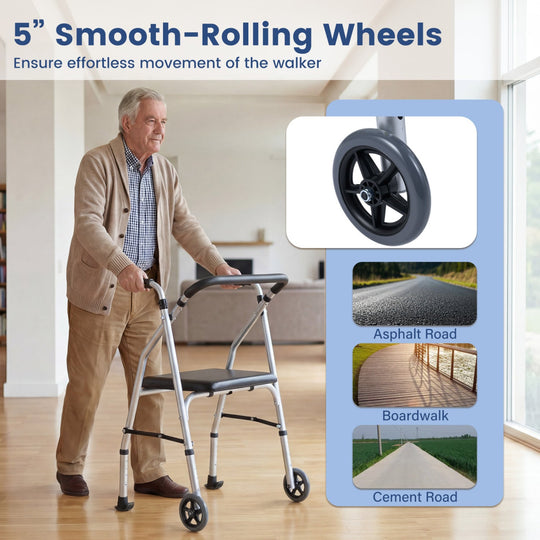 Lightweight Aluminum Mobility Walker for Seniors with 2 Wheels 5-Level Adjustable Height and Padded Seat