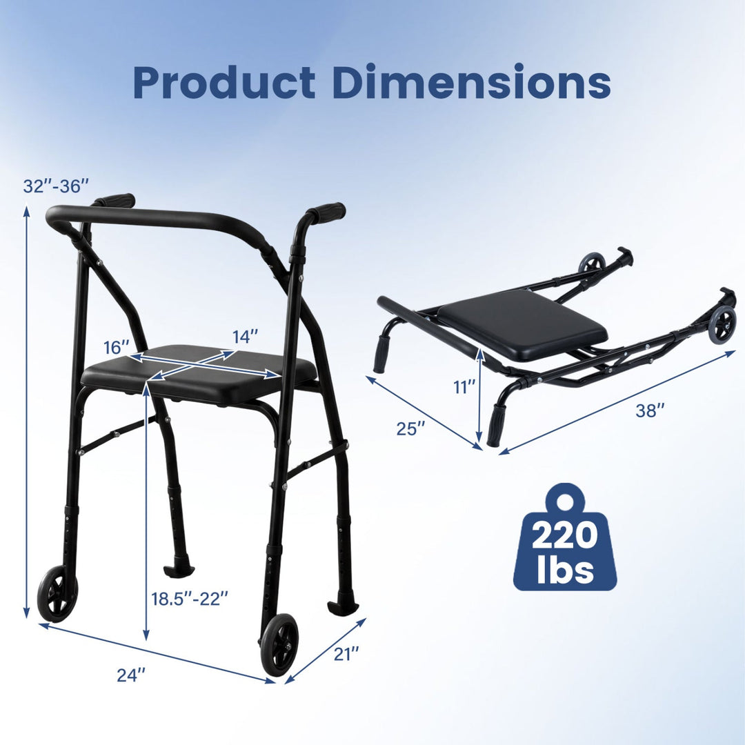 Lightweight Aluminum Mobility Walker for Seniors with 2 Wheels 5-Level Adjustable Height and Padded Seat