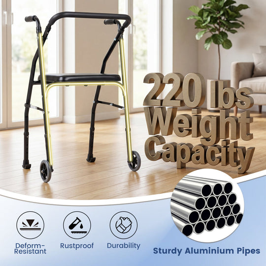 Lightweight Aluminum Mobility Walker for Seniors with 2 Wheels 5-Level Adjustable Height and Padded Seat