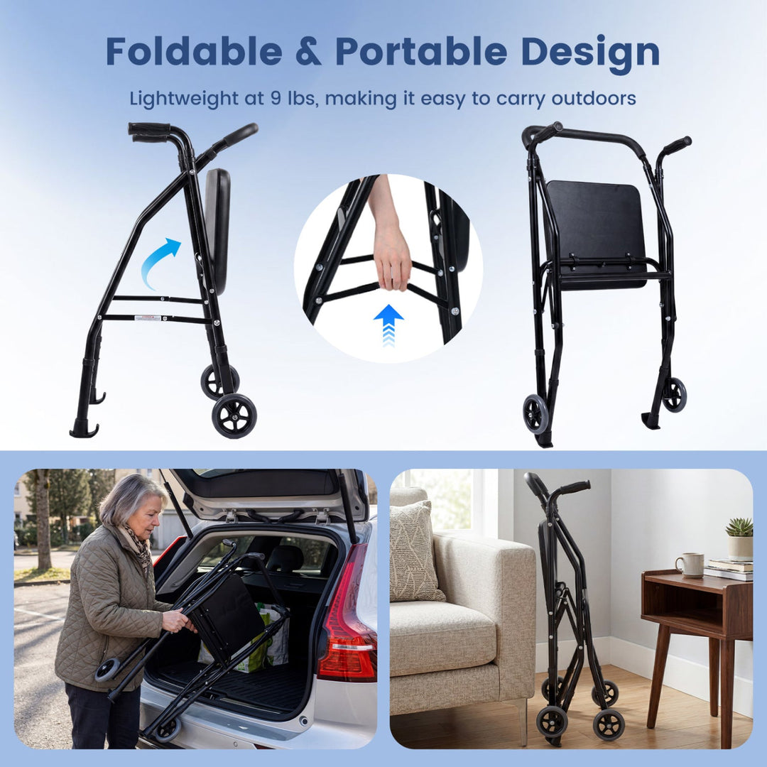 Lightweight Aluminum Mobility Walker for Seniors with 2 Wheels 5-Level Adjustable Height and Padded Seat