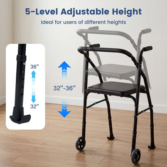 Lightweight Aluminum Mobility Walker for Seniors with 2 Wheels 5-Level Adjustable Height and Padded Seat