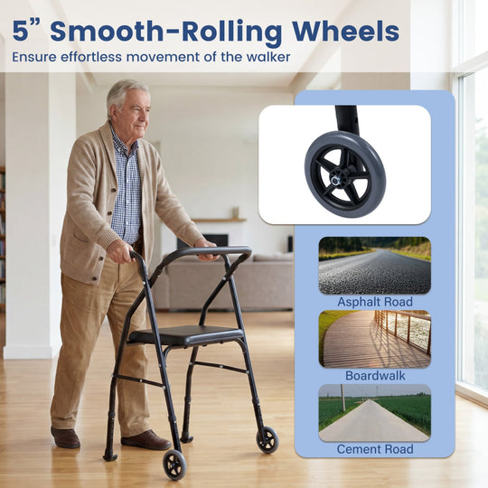 Lightweight Aluminum Mobility Walker for Seniors with 2 Wheels 5-Level Adjustable Height and Padded Seat